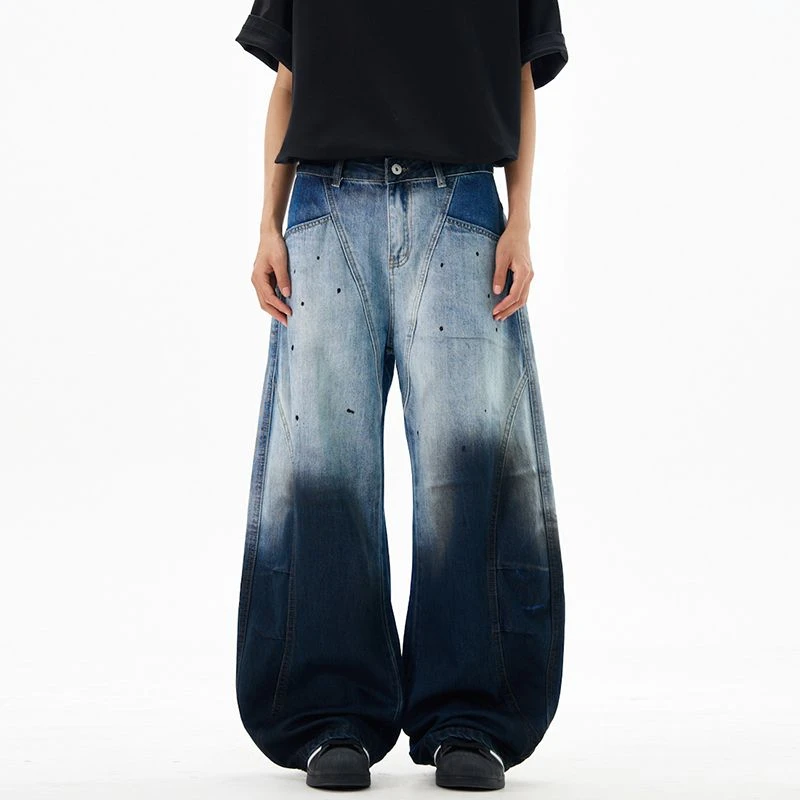 美式复古水洗泼墨弯刀牛仔裤男女宽松直筒cleanfit阔腿镰刀休闲裤