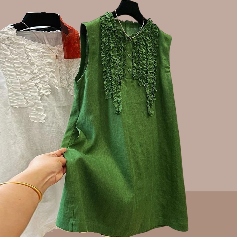 高级感重工时尚木耳边背心裙女夏季薄款高端无袖连衣裙中长款裙子