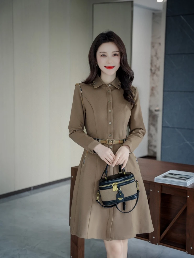 125930早秋新款2025年英伦风高端女装长袖翻领纯色中长A字连衣裙