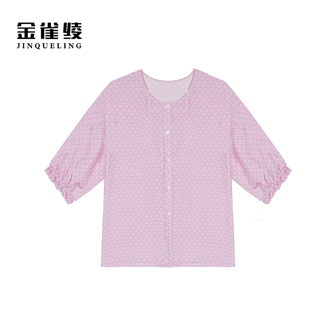 金雀绫【粉桃柔柔】100桑蚕丝印花透气加宽加大女装衬衫SZA1S106