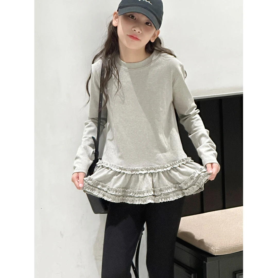 K29504孙小美花边女童长袖T恤2025秋新款儿童打底衫春秋大童上衣