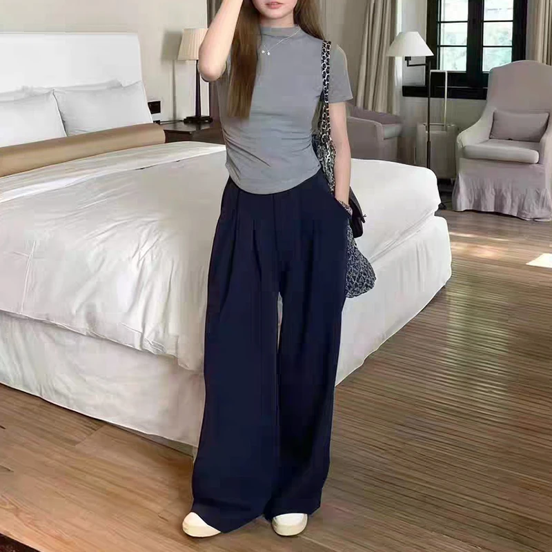 （衣兮褶皱收腰打底衫）8208早秋新款半高领气质修身显瘦打底T恤H