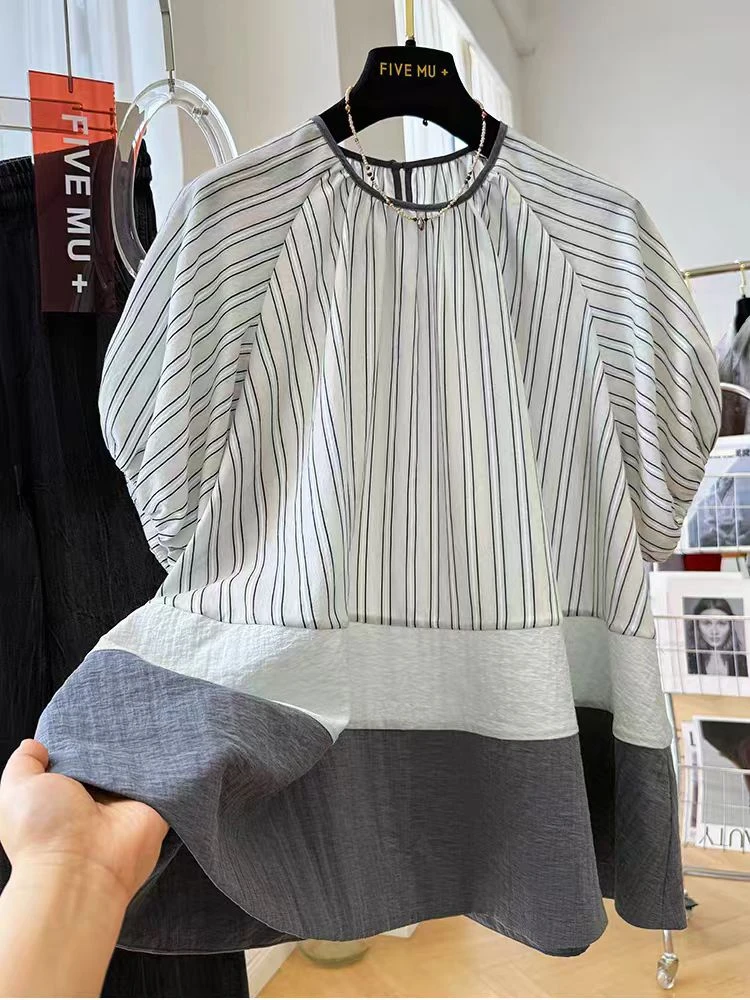 高级感条纹短袖法式娃娃衫女夏季超好看减龄圆领衬衫气质拼接小衫