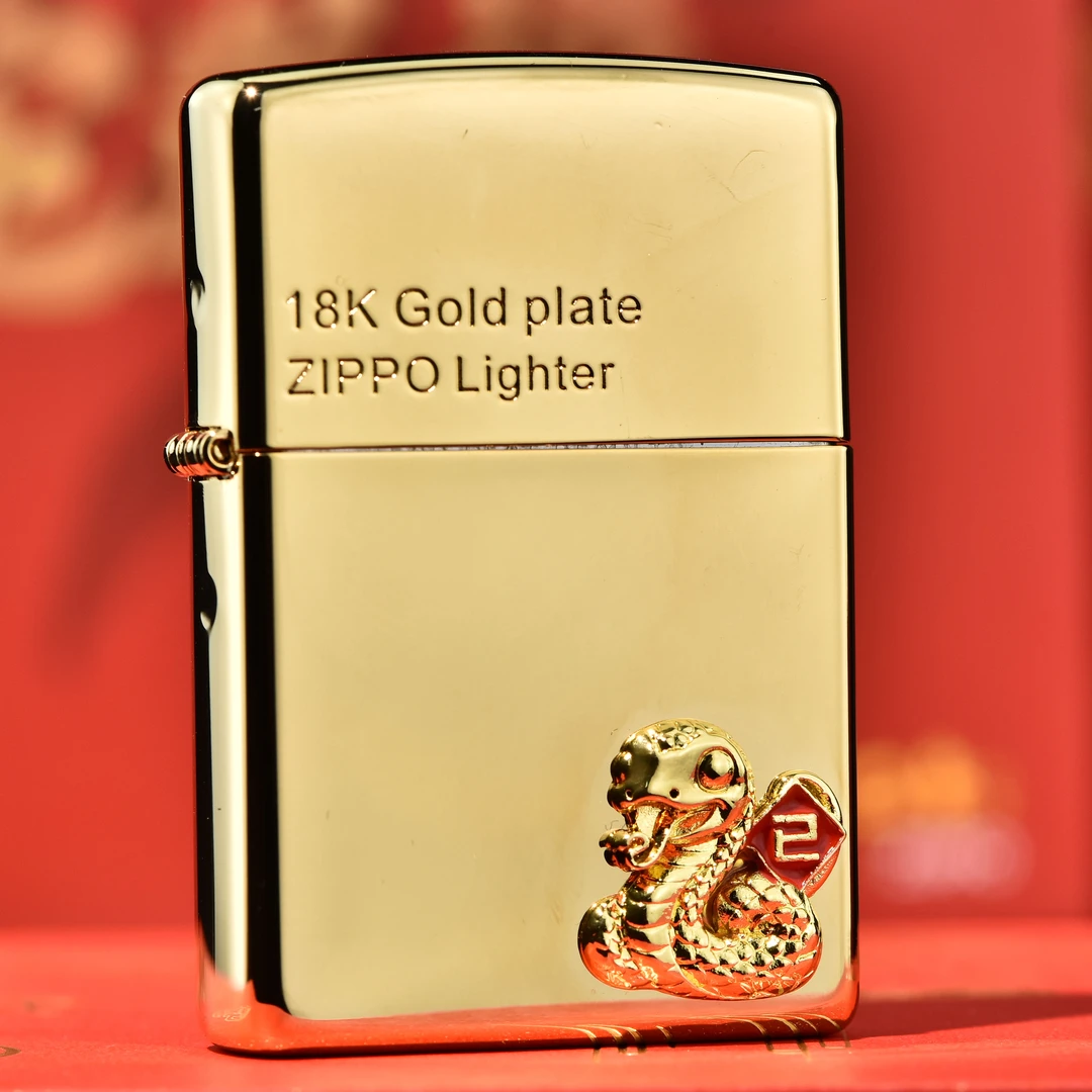 zippo打火机正品镀金贴章夜光生肖蛇蛇年大吉防风新年礼物DYJ1