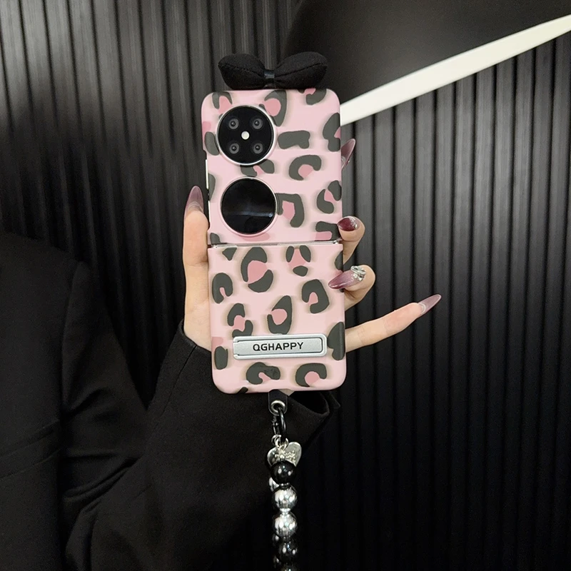 适用华为pocket2手机壳新款p50pocket套pockets粉豹纹diy蝴蝶结女