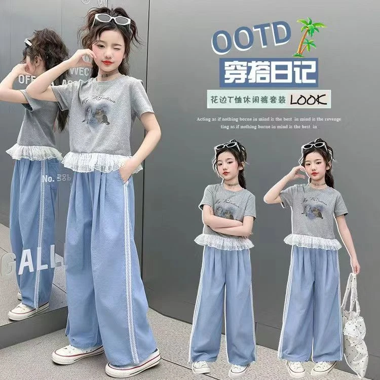 儿童阔腿裤新款洋气夏季套装中大童夏季韩版百搭花边上衣裤套装潮
