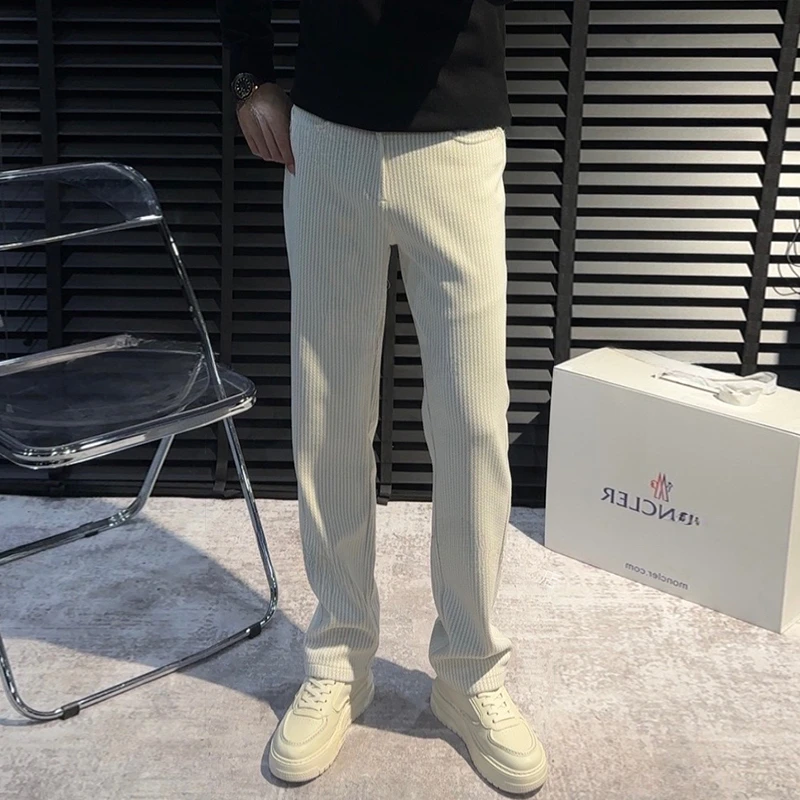 意式极简男士秋冬弹力免烫麦穗条纹垂感休闲裤时尚百搭加厚微阔裤