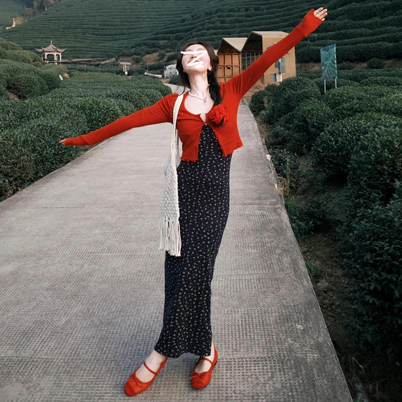 法式黑色碎花吊带连衣裙子女2025夏季穿搭新款高级感套装包臀长裙