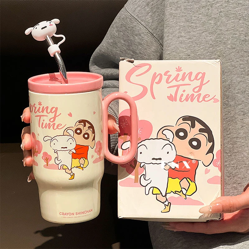 蜡笔小新陶瓷水杯女生高颜值马克杯吸管冰霸杯情侣杯子生日礼物