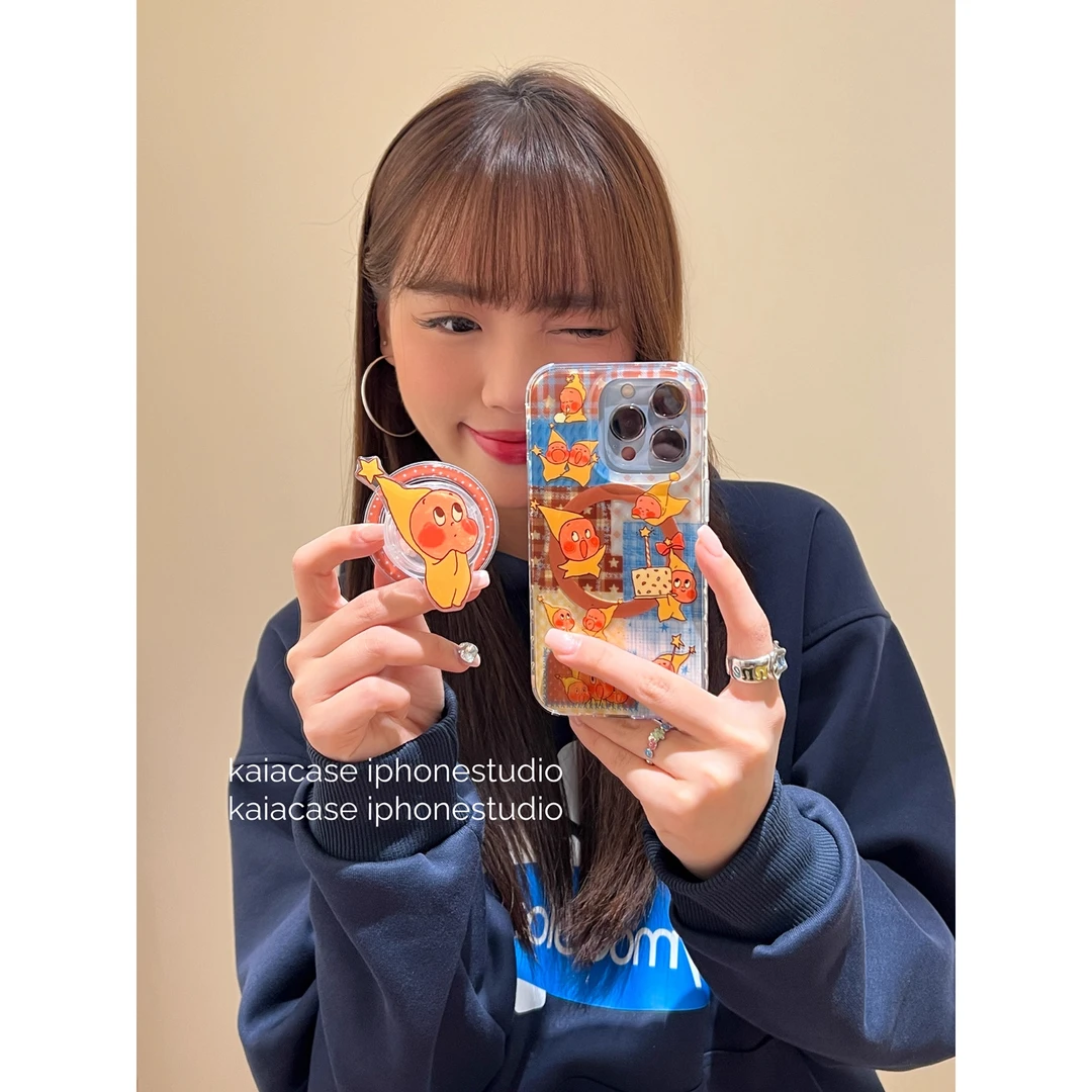 童趣拼接格纹卡通星星小人适用苹果16promax手机壳iphone14新款15