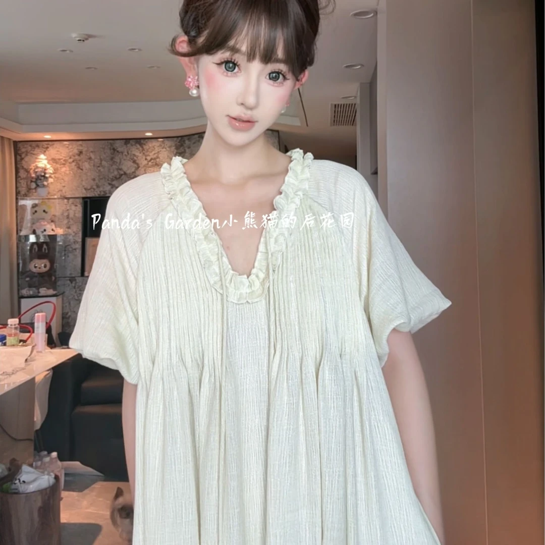 【Panda’s garden】（淞岛白茶）原创木耳边系带长款微胖连衣裙