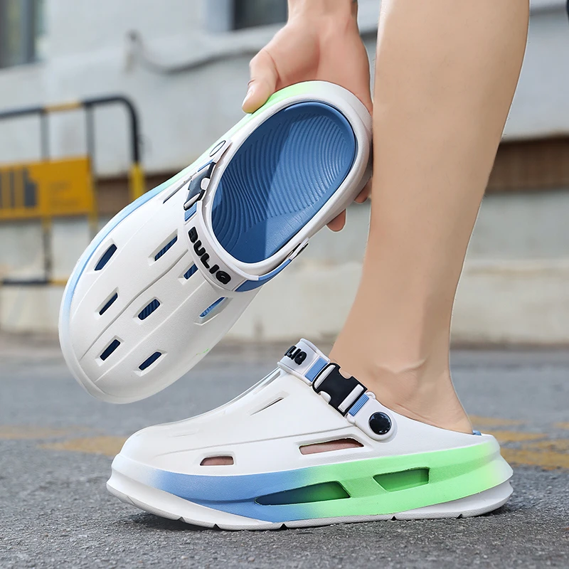 森刻洞洞鞋男款2025新款外穿厚底防滑沙滩鞋户外开车两穿包头凉鞋