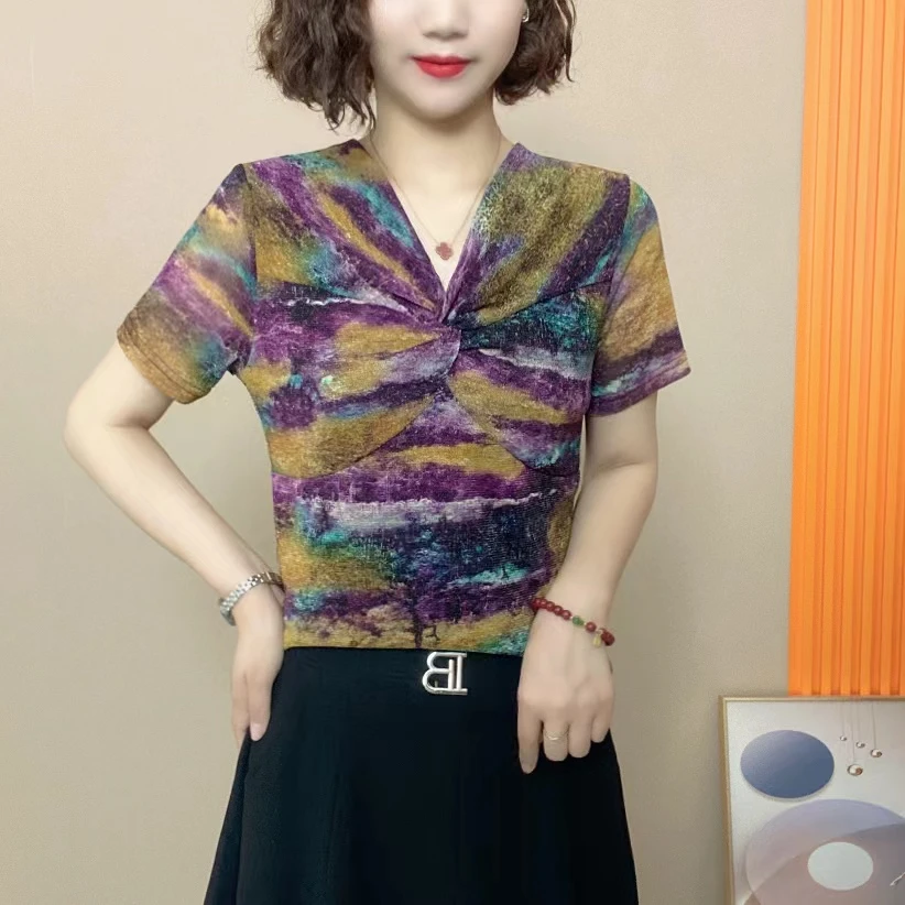 母亲节夏装妈妈装气质显瘦时尚扭结V领短袖印花百搭中老年妈妈装H