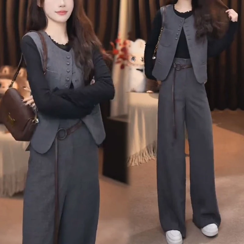 【送运费险】时尚套装女秋冬季新款长袖打底衫马甲阔腿裤加厚四件套