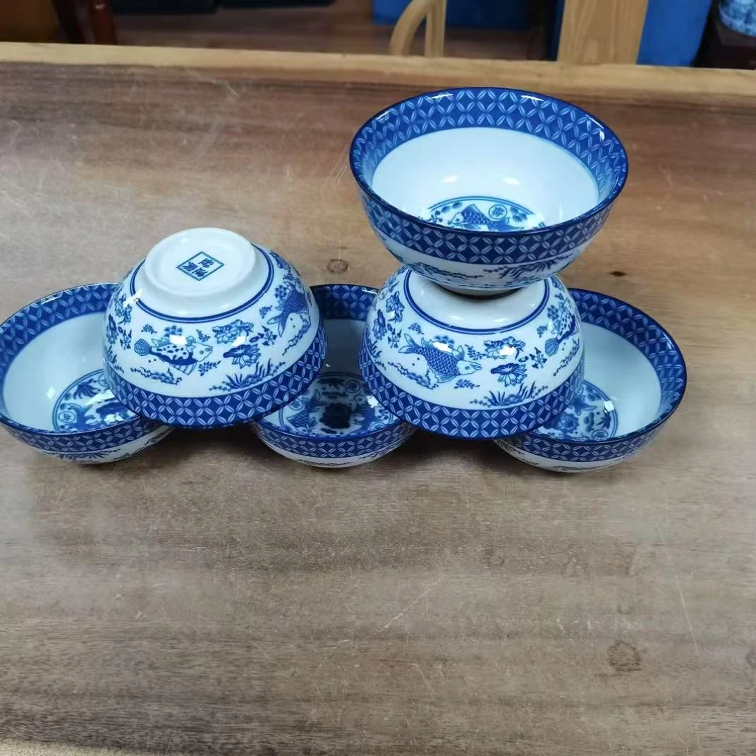【直径13cm】鱼碗6个青花陶瓷碗