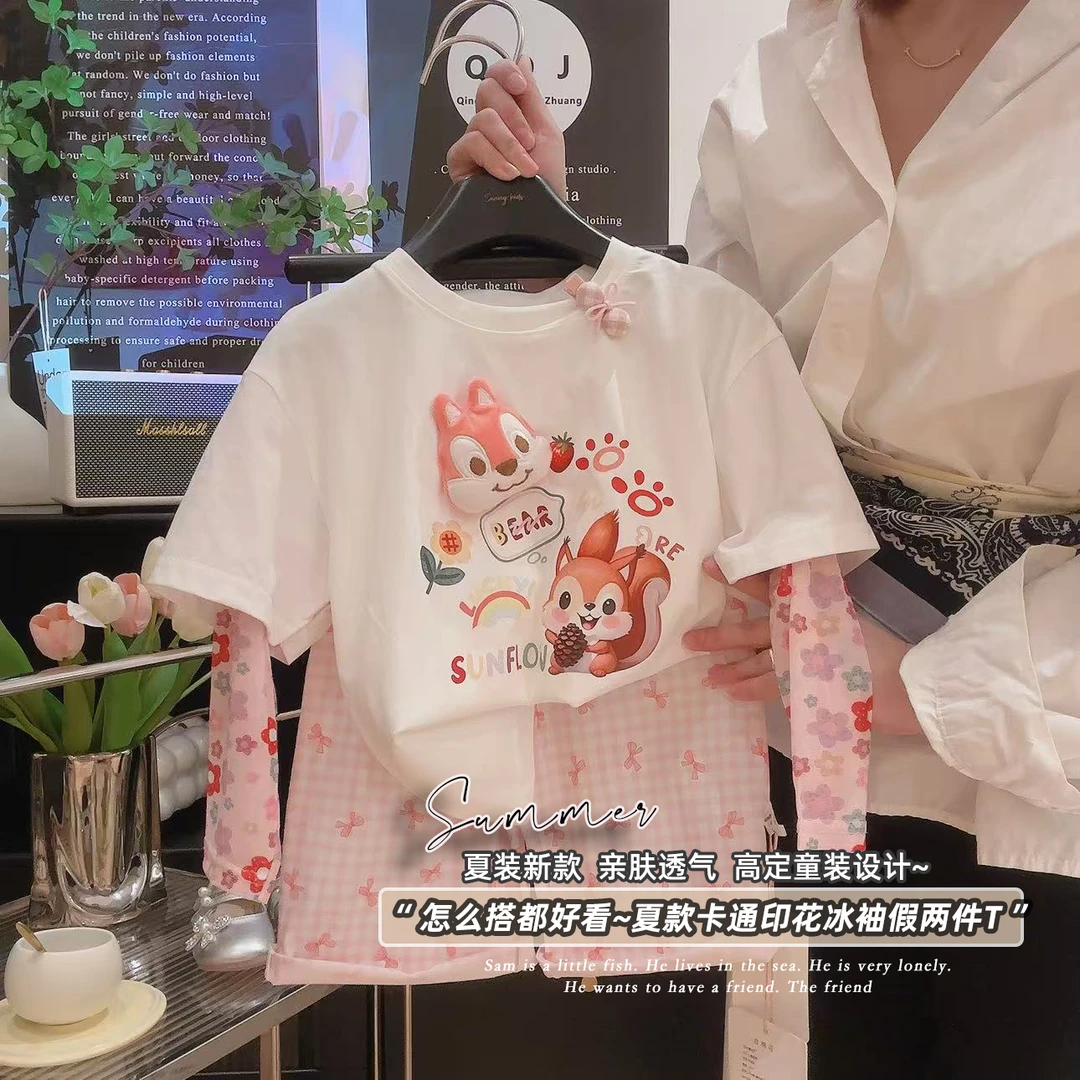 纯棉女童假两件半袖T恤夏季2025新款拼接网纱防晒上衣