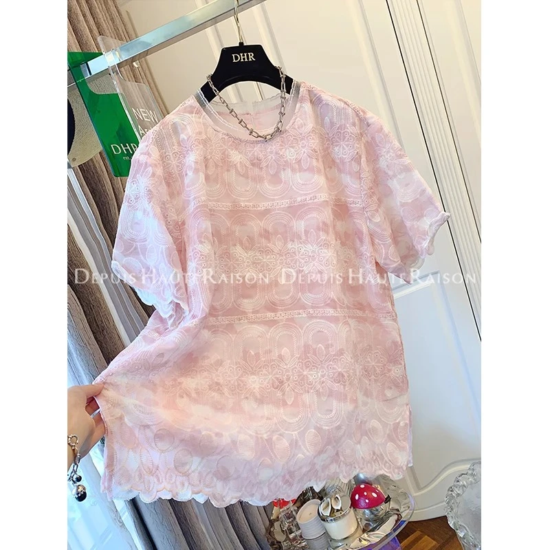 胖妹妹240斤大码超好看独特绝美蕾丝衫短袖T恤女夏季宽松显瘦上衣