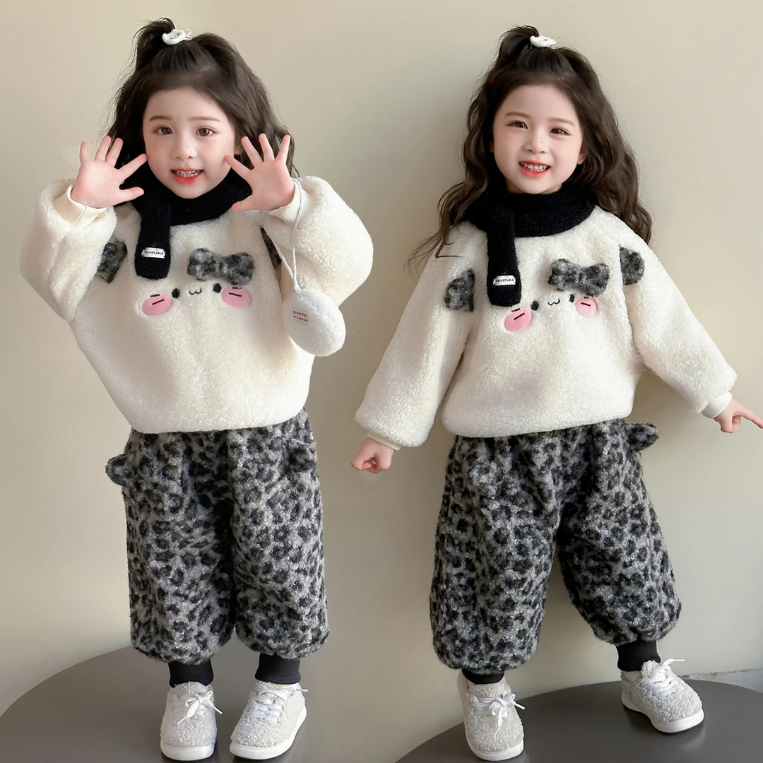 女童加绒毛毛衣套装秋冬季2025新款儿童豹纹裤两件套宝宝加厚衣服