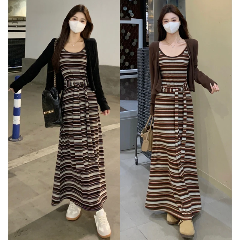 大码胖mm复古条纹撞色绑带设计连衣裙+纯色开衫慵懒两件套套装女