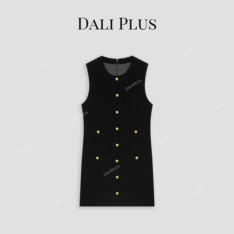 DALI PLUS高奢线 高级感高黑色黑金丝绒背心马甲连衣裙-D4XY0181
