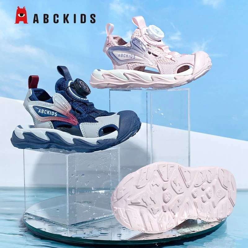Abckids女童凉鞋儿童防臭旋转扣女孩公主鞋防滑软底包头沙滩鞋男