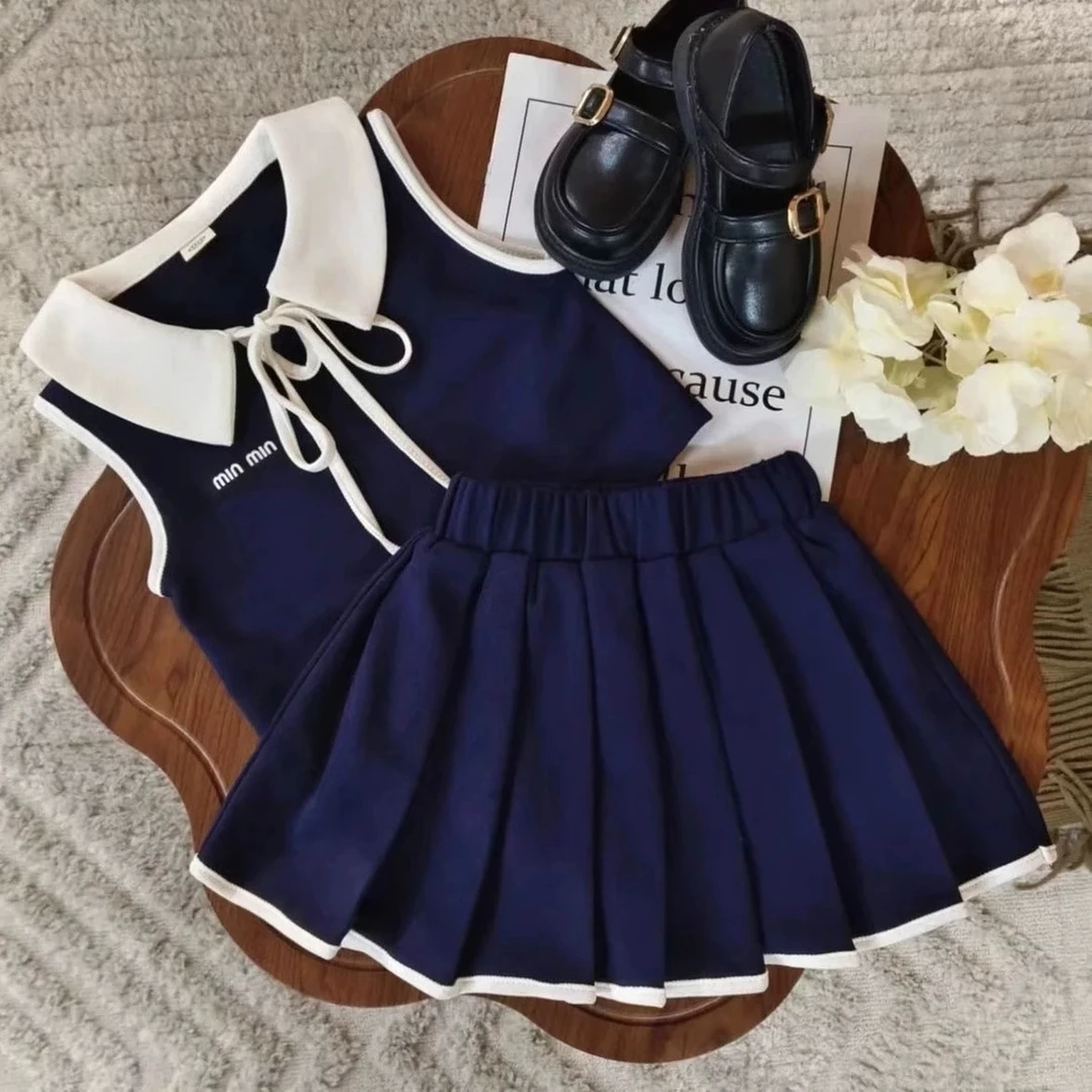 女童夏季套装2025新款学院风翻领无袖上衣女宝宝洋气百褶裙两件套