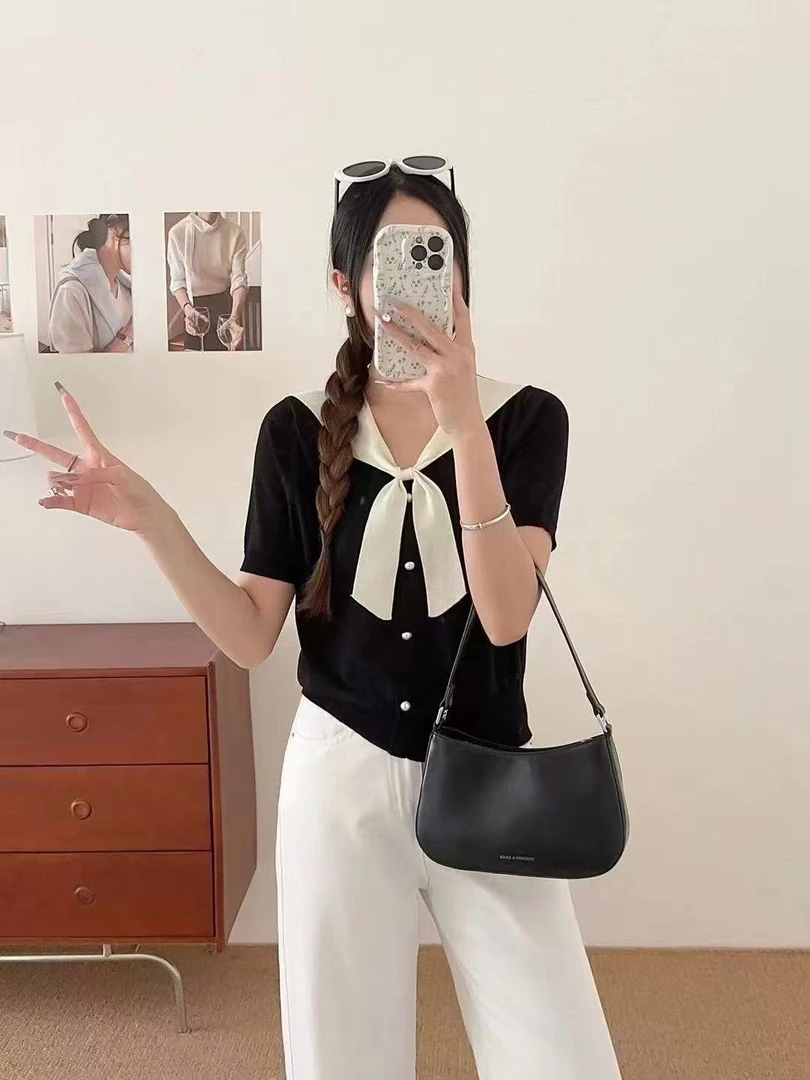 【101-150】拼接海军领短袖百搭夏季毛针织衫泡泡袖小众显瘦撞色