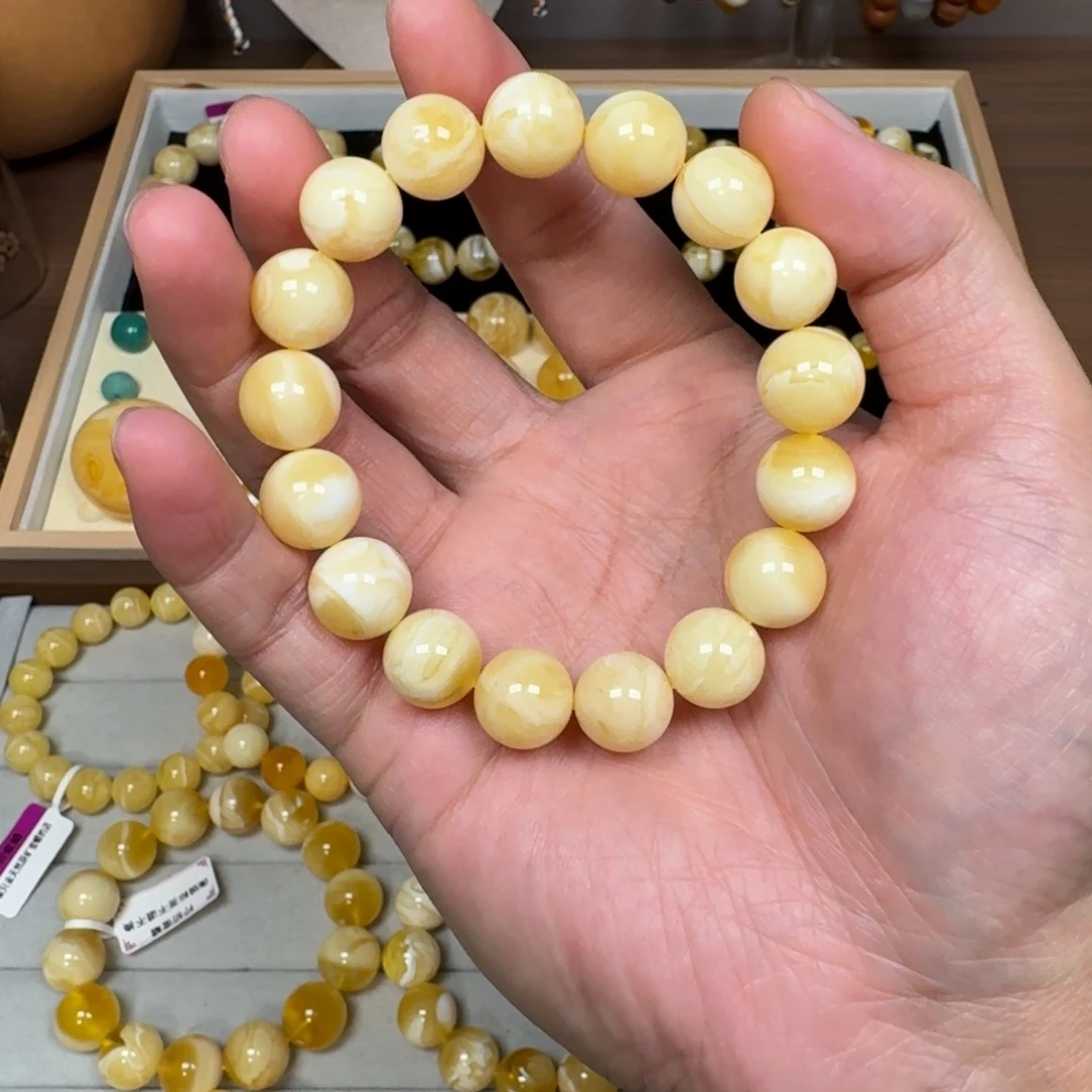 蜜蜡未镶嵌手链12满蜡瓷白花18克