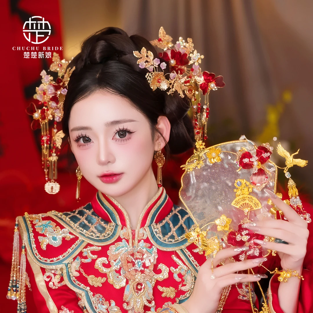 2025新娘新中式金红色秀禾头饰旗袍礼服汉服马面裙发饰配饰品