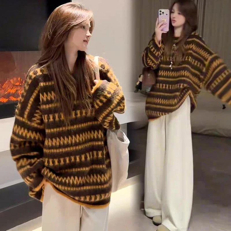 孕妇装复古菱格提花宽松慵懒风软糯针织毛衣+羊.绒托腹裤套装