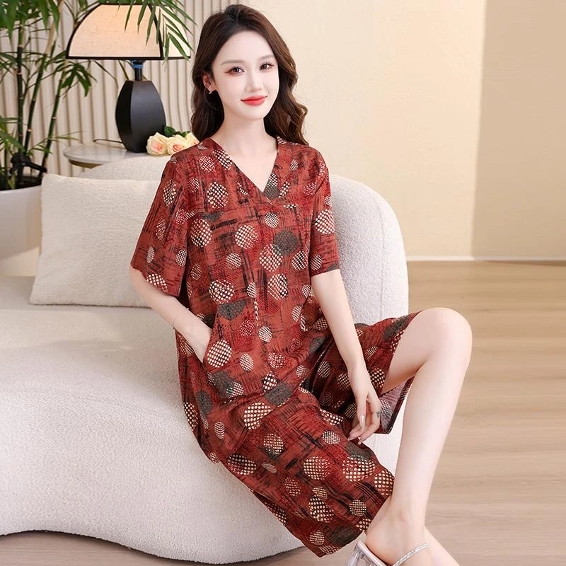 中老年妈妈装棉绸套装女加大码夏季洋气短袖睡衣两件套外穿家居服