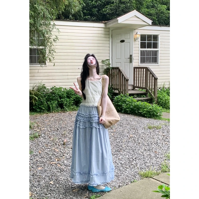 夏日纯欲绝美白色花边背心显瘦吊带蓝色气质半身裙休闲减龄两件套