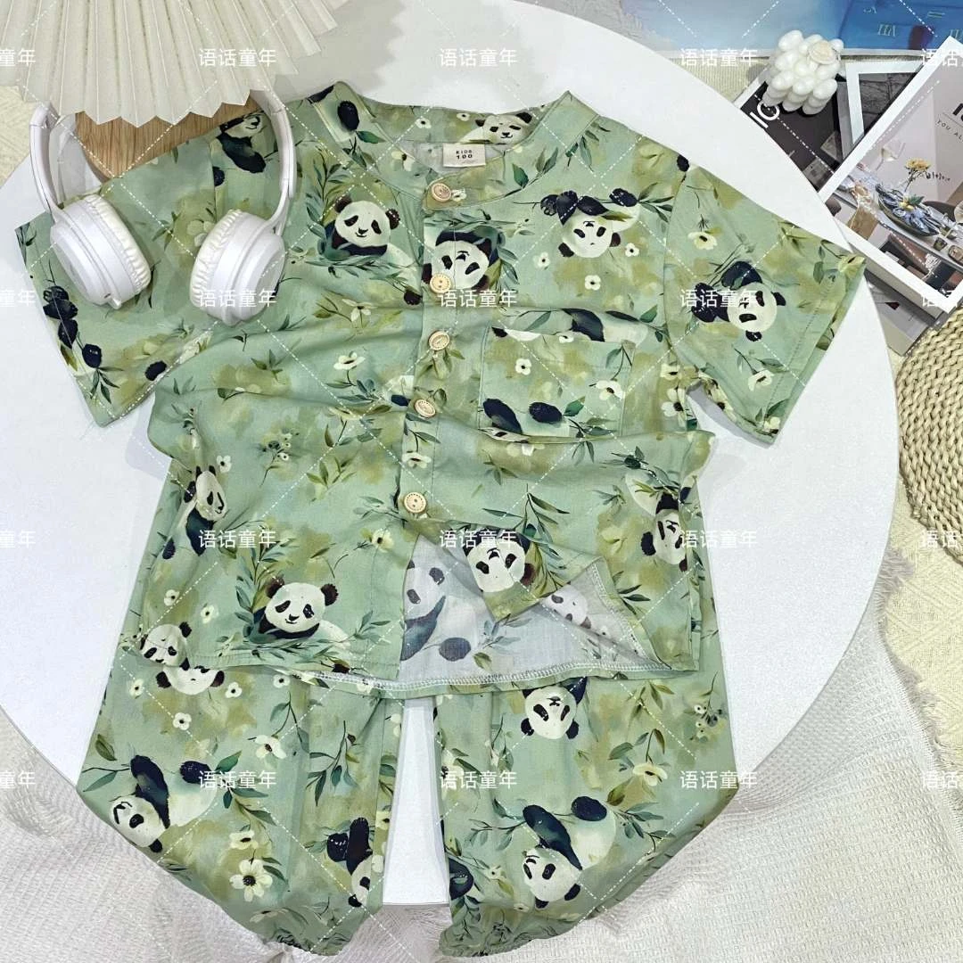 儿童夏款棉绸套装男女童夏天宝宝防蚊裤山东人造棉家居服外穿套装