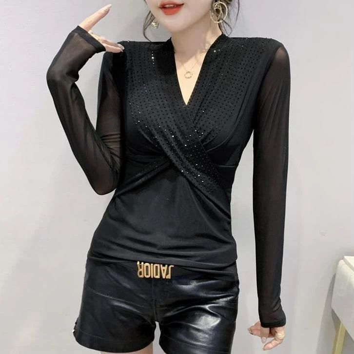 秋季新款设计感网纱交叉时尚烫钻洋气修身显瘦百搭长袖T恤小衫女