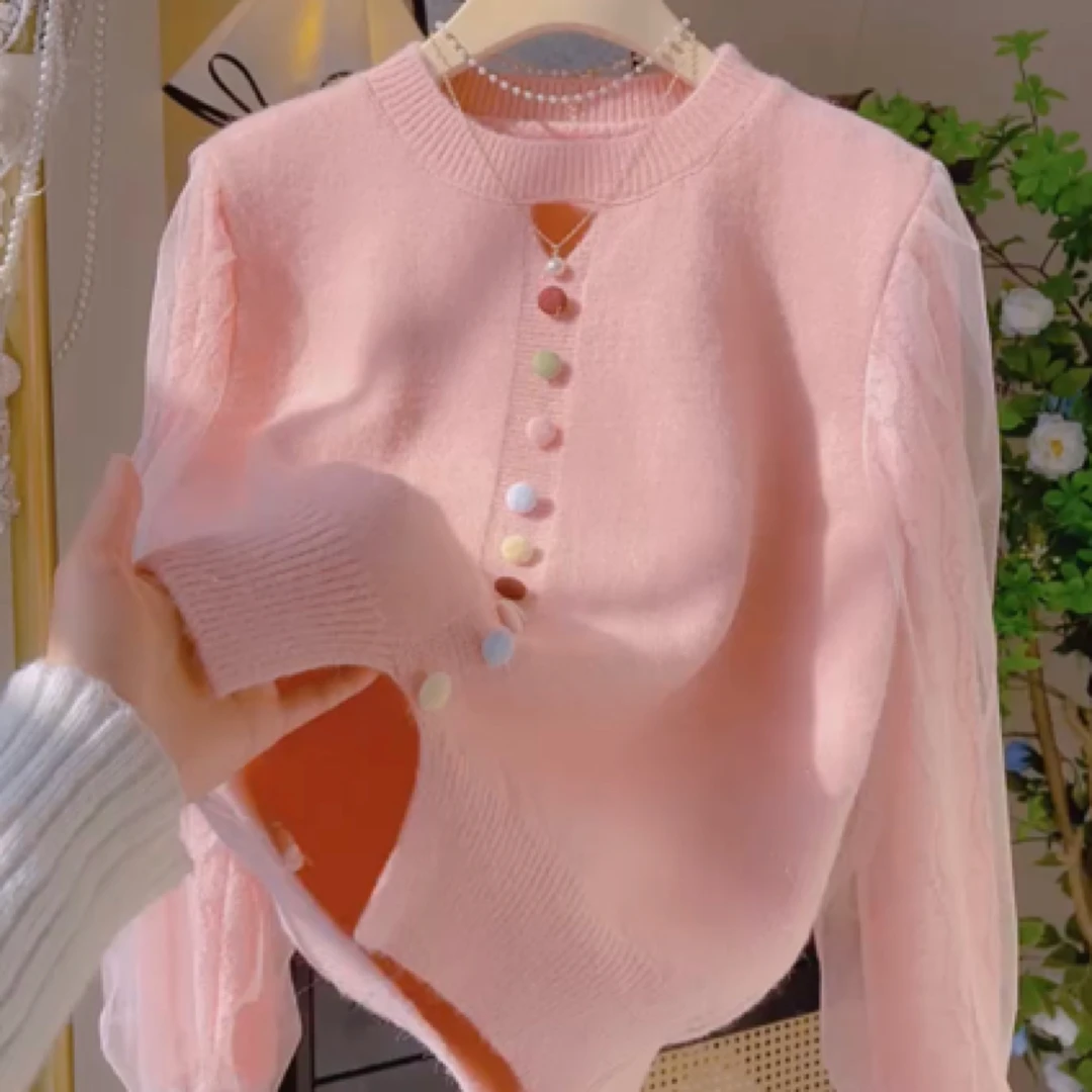 高端设计感小香风针织衫女春秋2025新款时尚洋气毛衣蕾丝袖打底衫