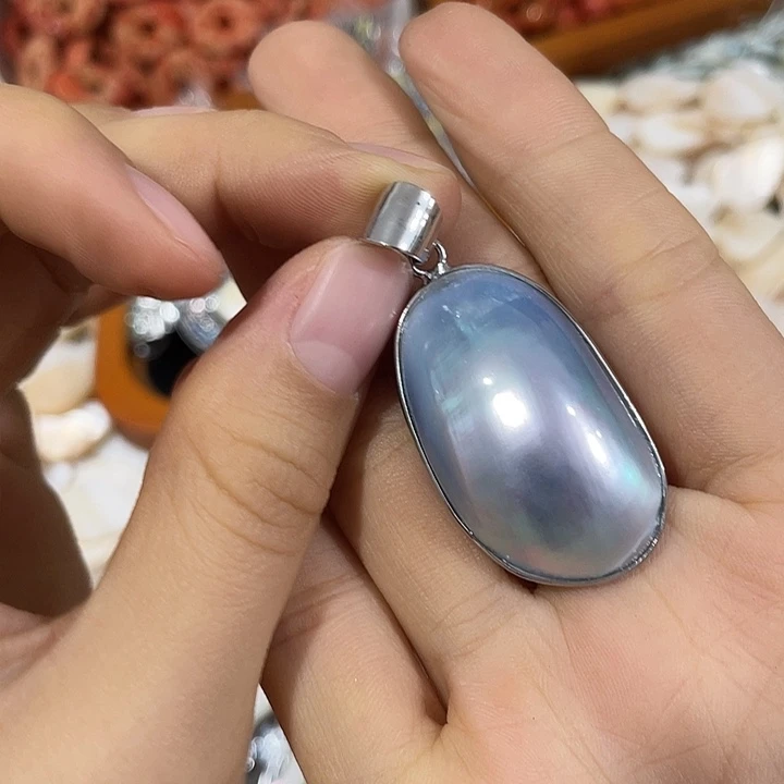 玛瑙/玉髓合金珠宝半成品一个蓝色马贝吊坠