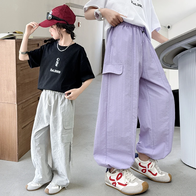 女童裤子夏季薄款工装裤儿童夏装阔腿裤休闲长裤中大童冰丝防蚊裤