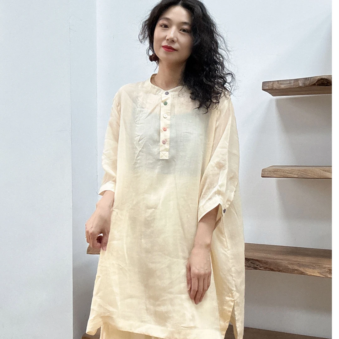 夏季新款七分袖麻料显瘦宽松衬衣时尚复古大码休闲文艺女装袍子