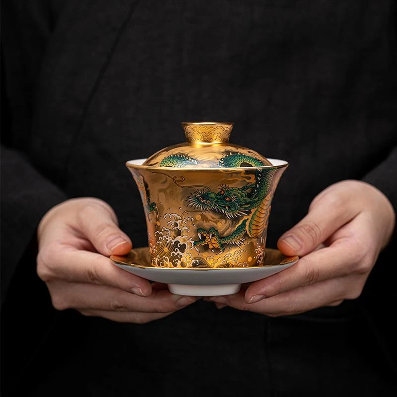 新款手工正品鎏金三才盖碗24k纯金主人杯建盏功夫茶具周鸿杰金杯