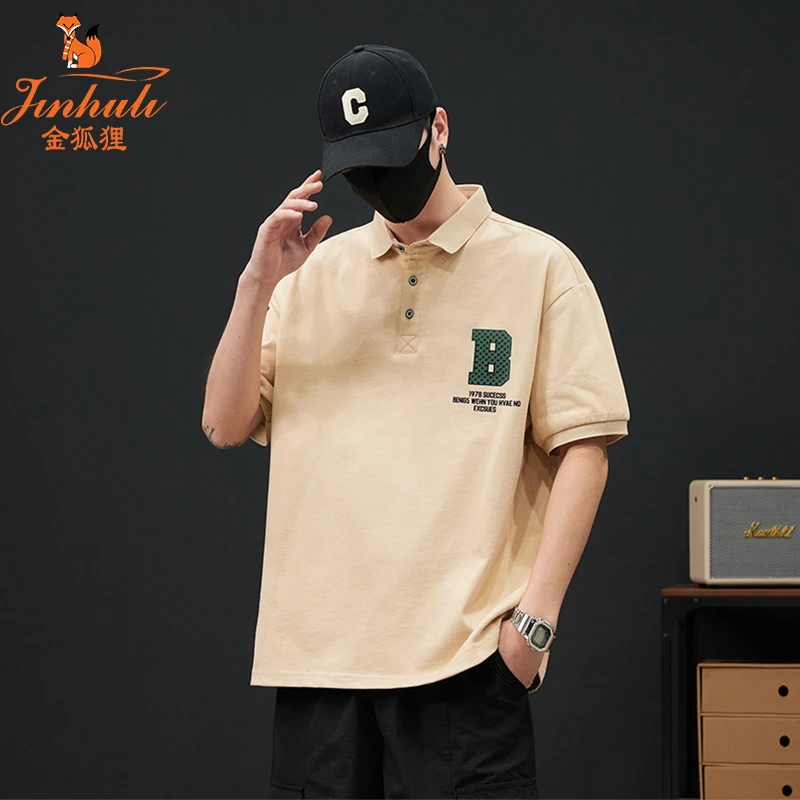 大码男士复古休闲polo衫短袖Polo衫夏季翻领男印花潮流宽松半袖T