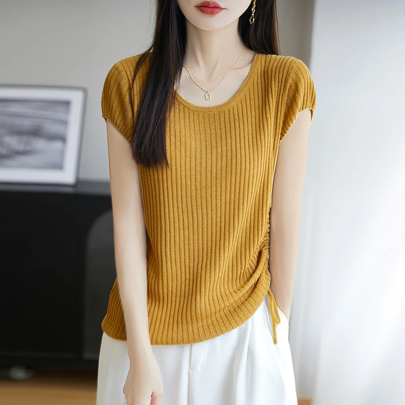 亚麻+莱赛尔天丝小飞袖圆领针织短袖t恤女抽绳坑条上衣ZS95037