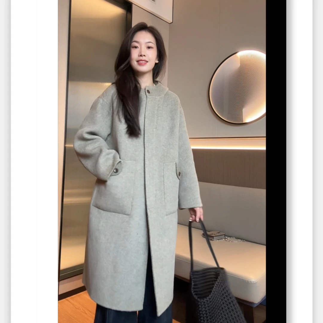 【煋煋】2025年秋冬新款连帽设计感大口袋中长款双面大衣气质百搭