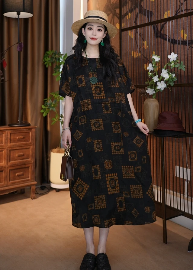 100桑蚕丝花萝香云纱宽松袍子新中式女装收腰长款复古连衣裙50860