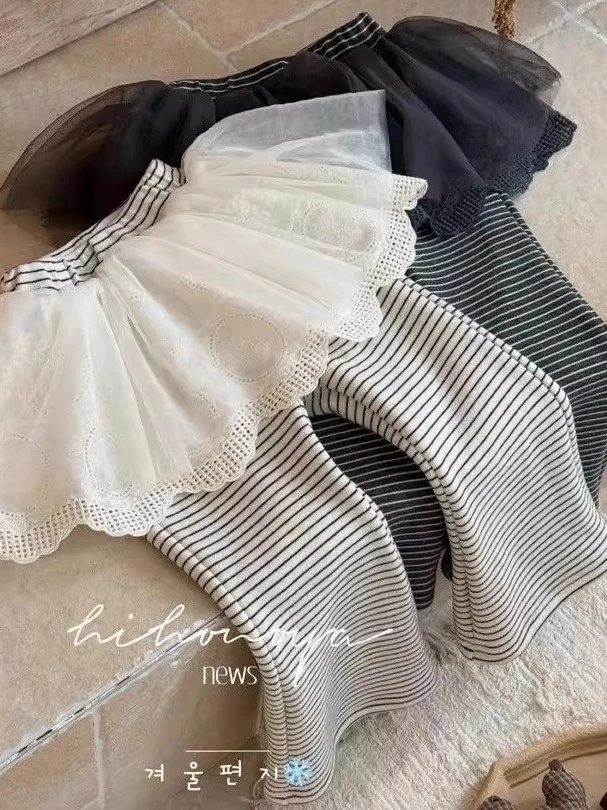 女童加绒裤子2025秋冬新款宝宝芭蕾风条纹屁帘裤女童加绒打底裤