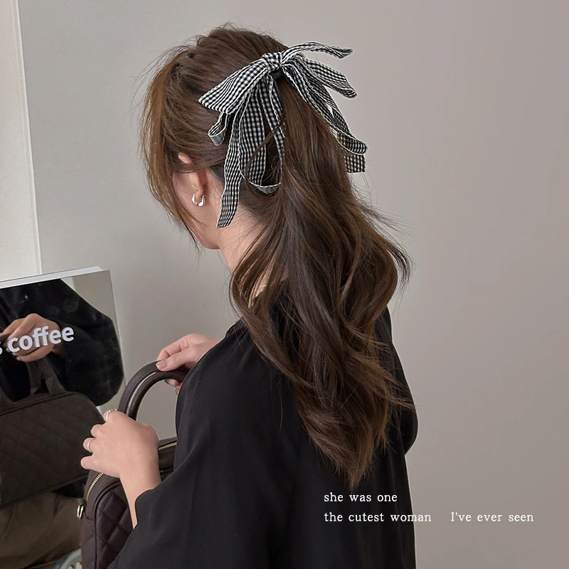 甜美格子蝴蝶结发夹后脑勺盘发抓夹女高级感香蕉夹发卡氛围感头饰