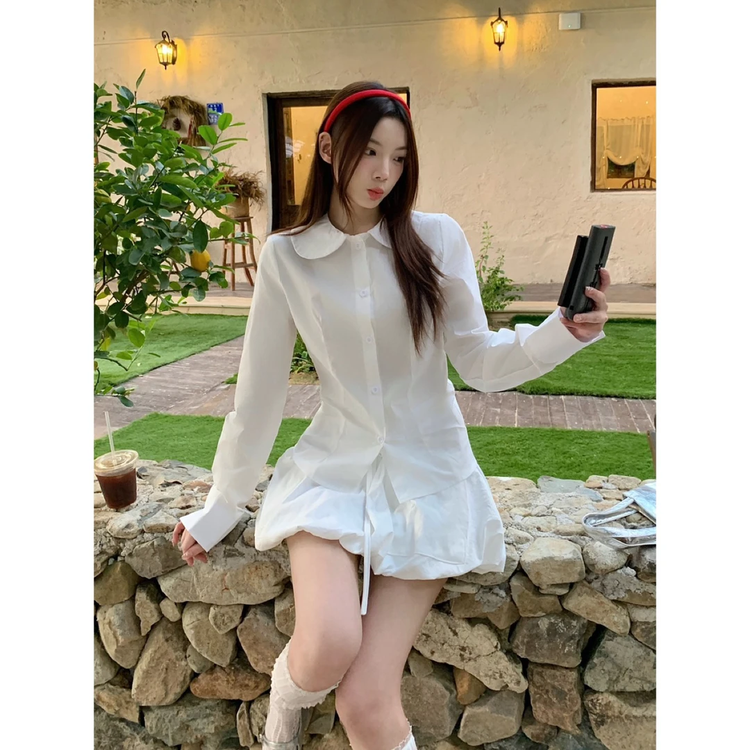 时尚休闲春夏娃娃领衬衫+花苞系带半裙女套装