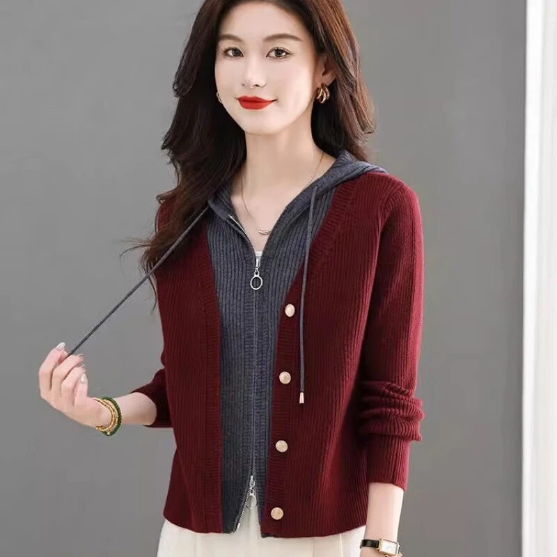 新年红色假两件上衣女洋气短款连帽毛衣外套春秋2024新款针织开衫