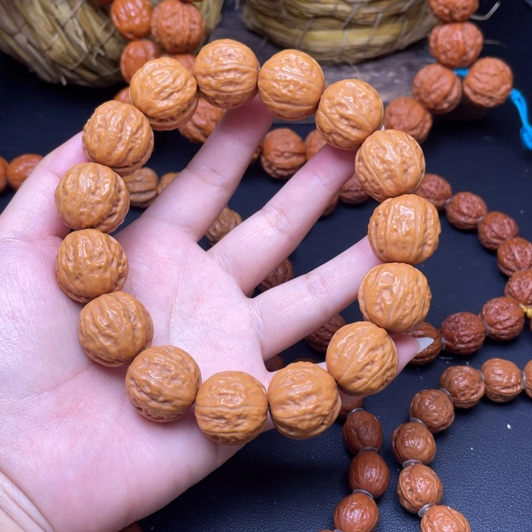 文玩核桃手串姜黄皮浅纹素圈