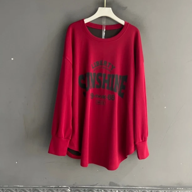 套头长袖秋季宽松字母中长款卫衣拼接女士红色酒红