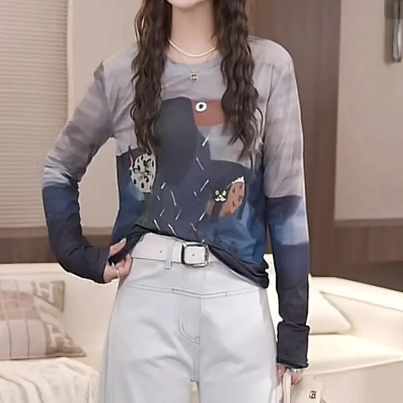 腊肠狗特色印花圆领长袖透气双层打底网纱宽松百搭时尚女T恤1639